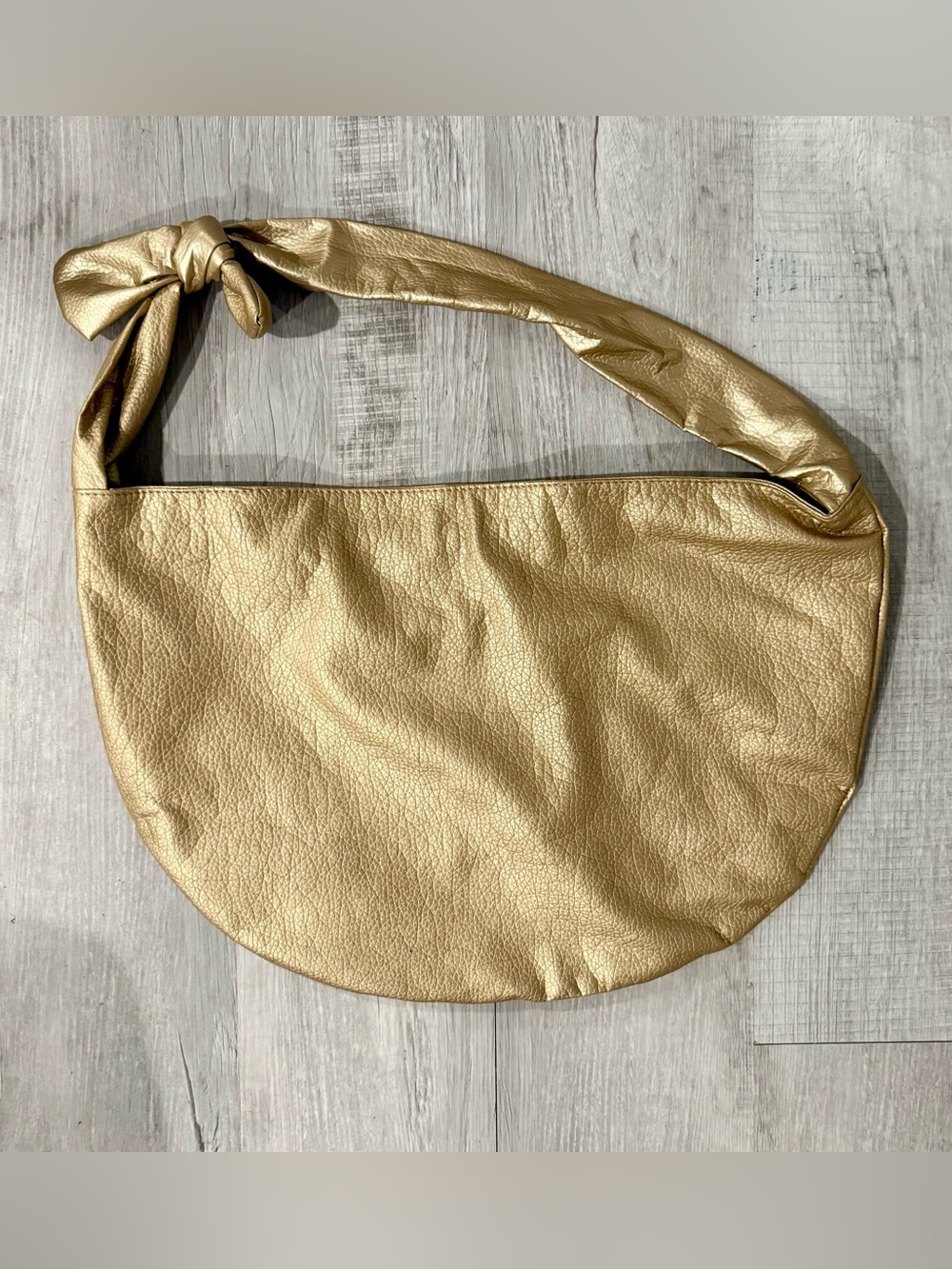 Gold Leather Half-Moon Hobo Shoulder Bag with Bow Detail